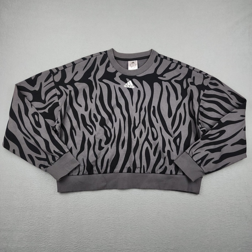 Adidas Sweatshirt Womens L Gray Zebra Animal Print Crewneck Pullover Fleece Crop
